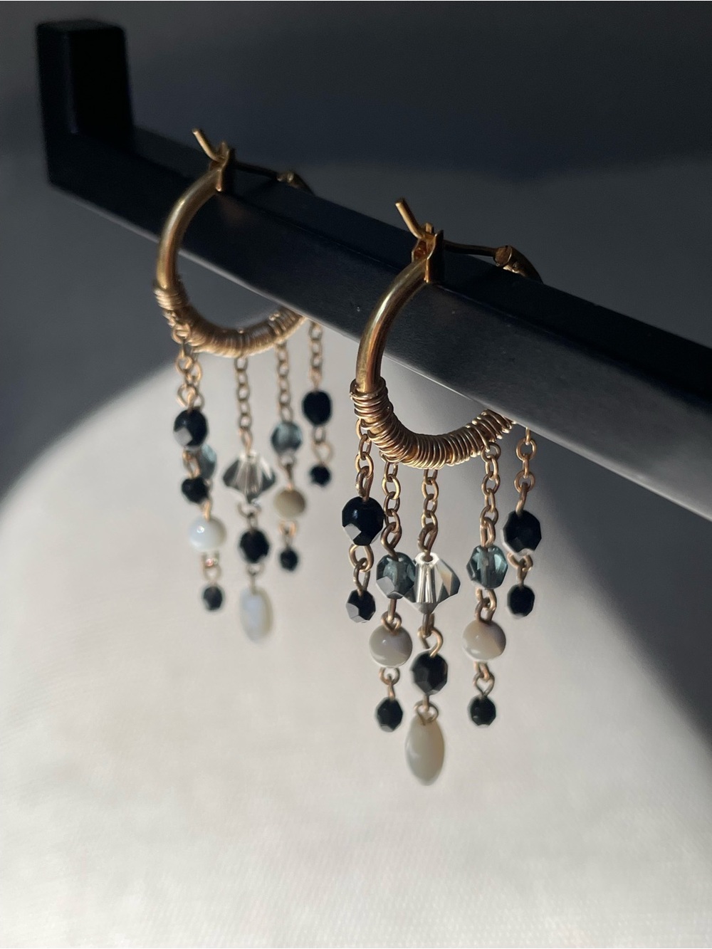 Gold Hoop Dangle Earrings with Black and White Beads